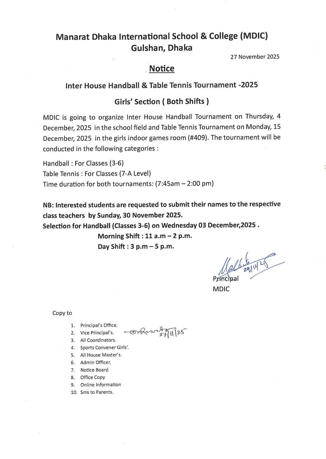 Inter House Handball & Table Tennis Tournament 2025 Girls' Section (Both Shifts)