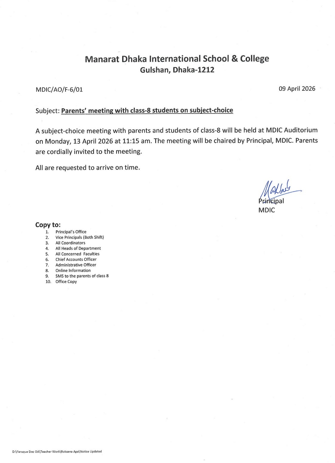 Parents' Meeting with Class 8 Students on Subject -Choice