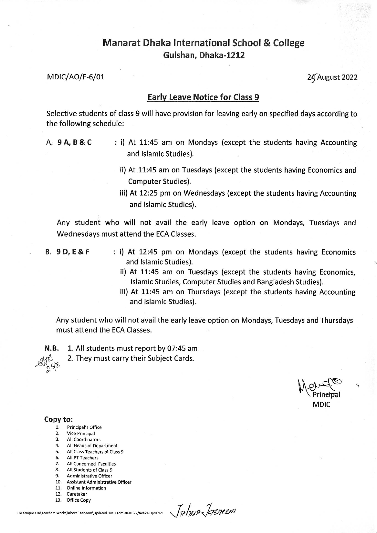 Early Leave Notice for Class 9