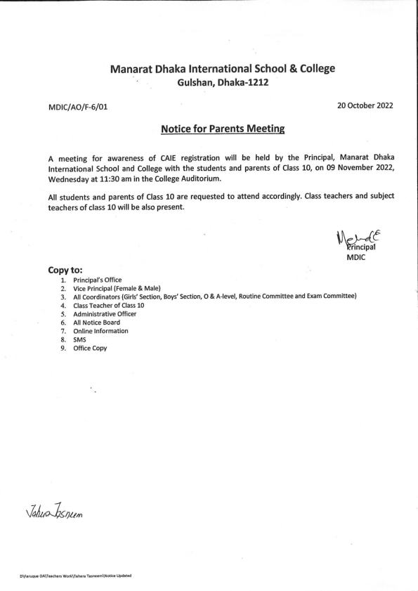 Notice for Parents Meeting (CAIE)