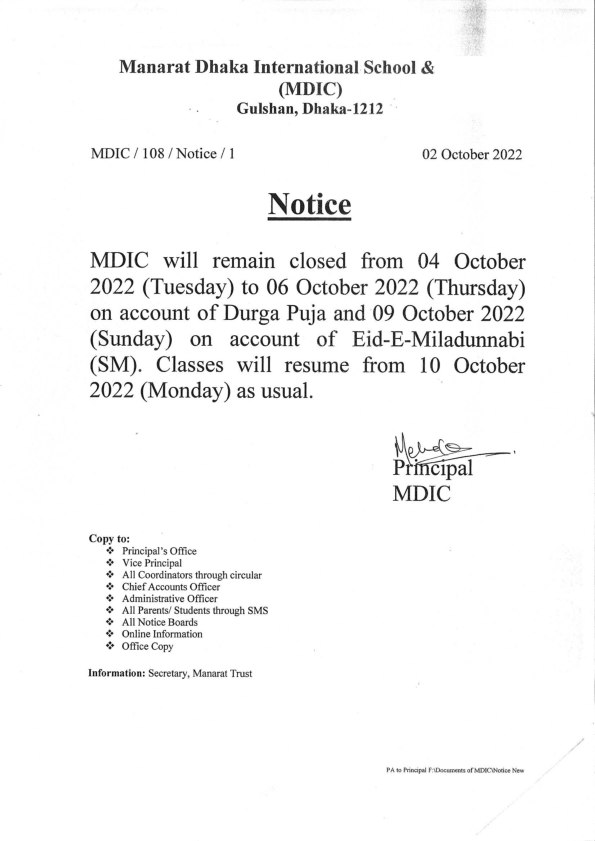 Notice for Holiday (Durga Puja & Eid-E-Miladunnabi)