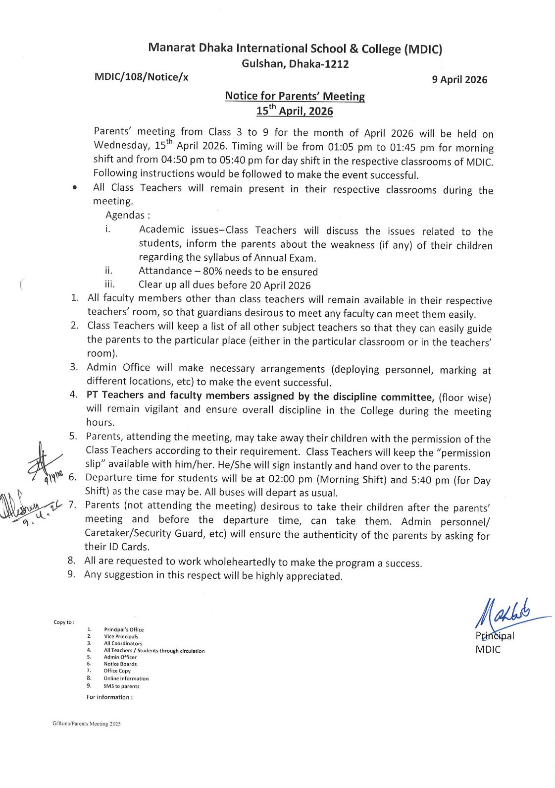 Notice for Parents Meeting Class 3 to 9